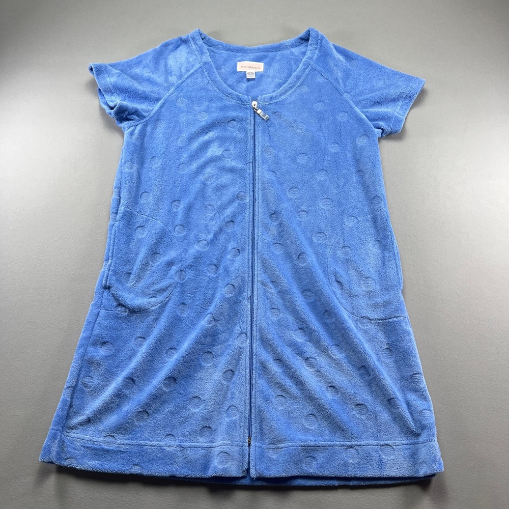 Stan Herman Lounge Dress Womens Medium Blue Embossed Fleece Sleepwear Full Zip